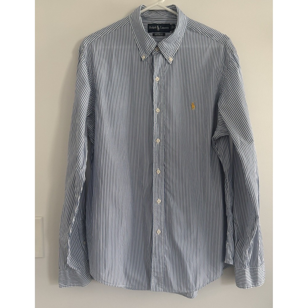 Ralph Lauren Button Down Shirt Men Size L BlueWhite Striped Custom Fit